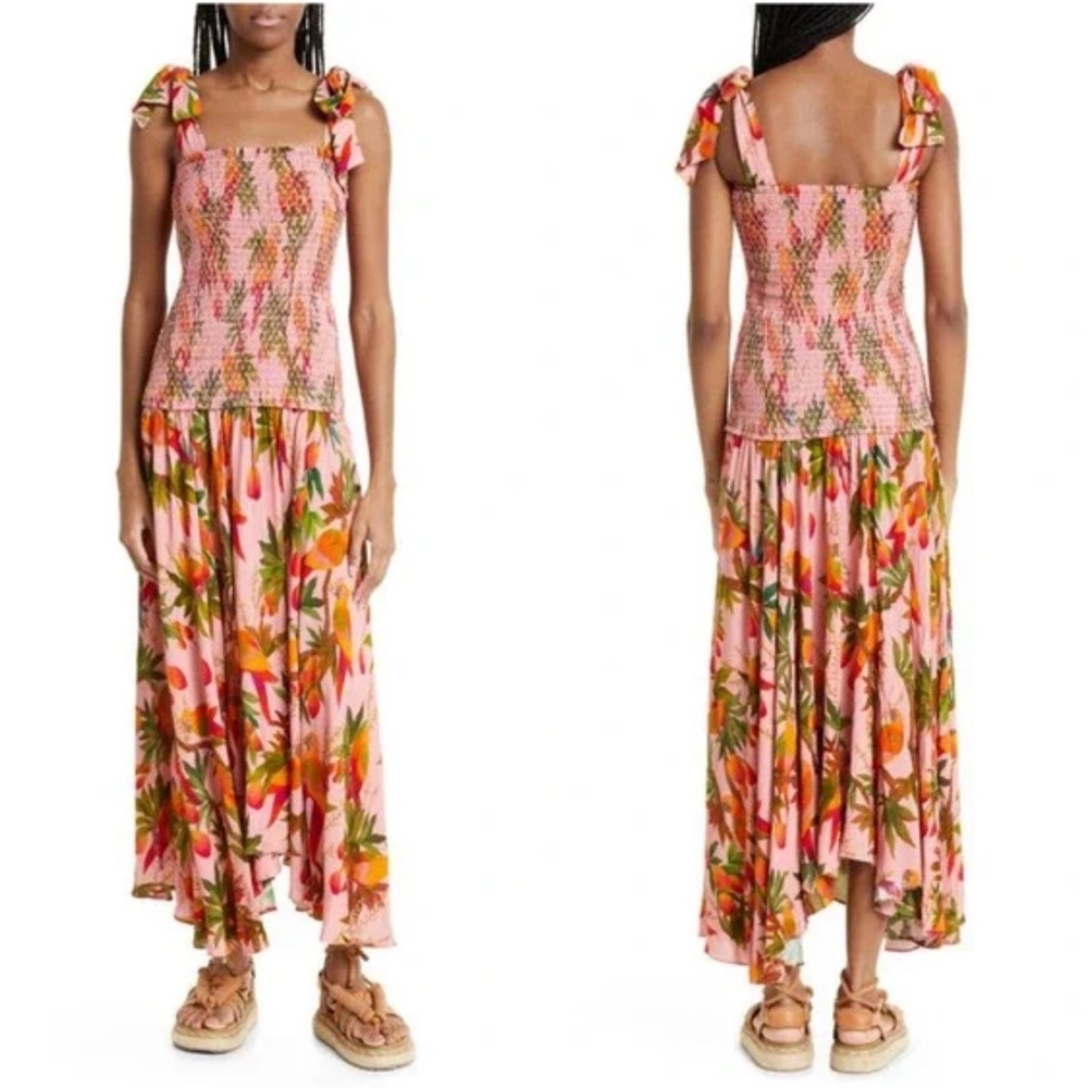 NWT FARM Rio Mango Trees Smocked Bodice Maxi Dress in Mango Trees Pink